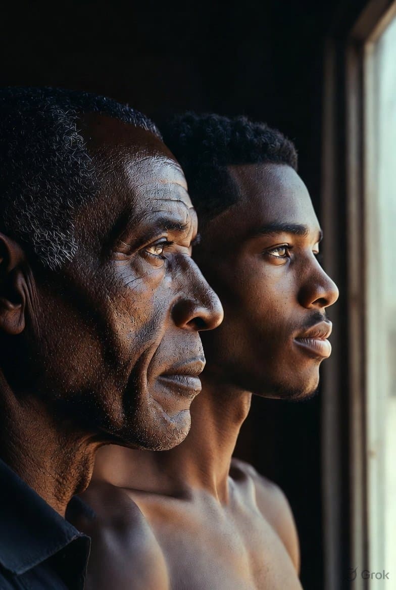 A man and his grown son, the same profile, looking toward the light