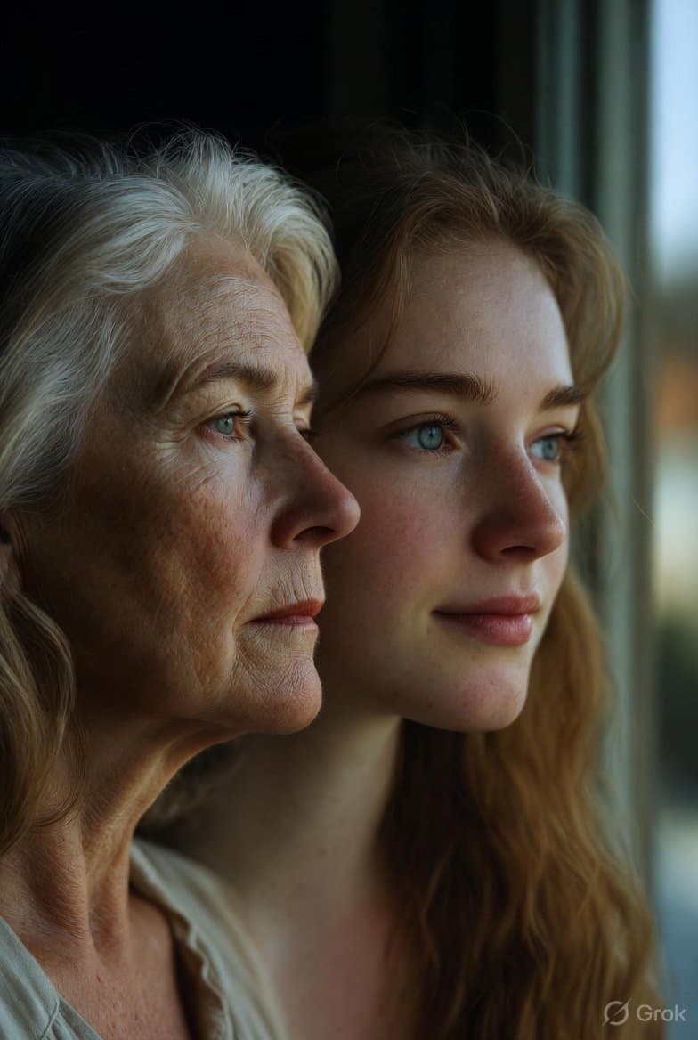 A mother and the grown daughter who shares her eyes, looking out of the same window